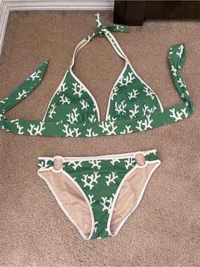 PINK Victoria's Secret Green & White Coral Print Bikini